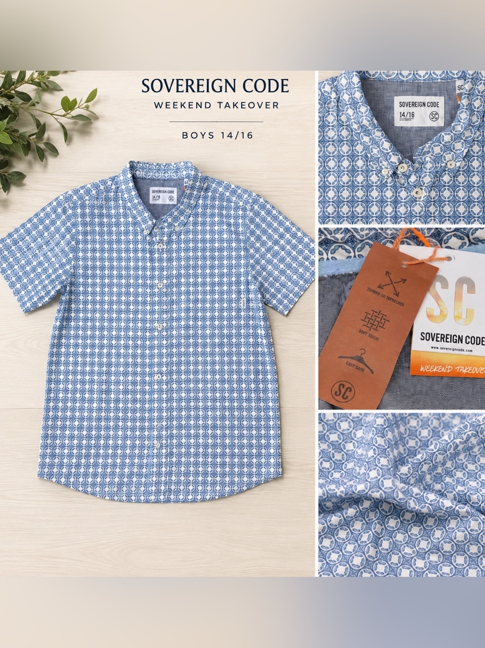 NWT Sovereign Code Boys 14/16 Blue Geometric Short Sleeve Button Down Shirt